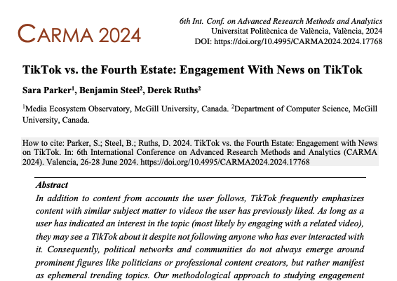 Conference paper titled TikTok vs the Fourth Estate by Sara Parker (Media Ecosystem Observatory, McGill University, Canada), Benjamin Steel and Derek Ruths (Department of Computer Science, McGill) (linked Image Description available)